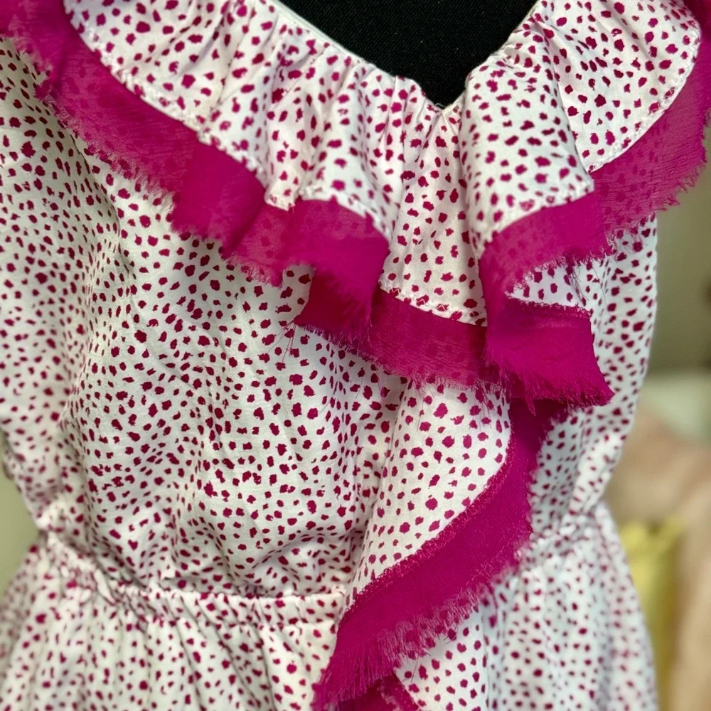 LOFT Petite Pink Ruffle Dress Sleeveless Printed Fit Flare Women’s MP - Picture 3 of 5